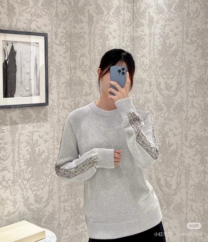 Cream Knit Sweater with Monogram Sleeve Stripe