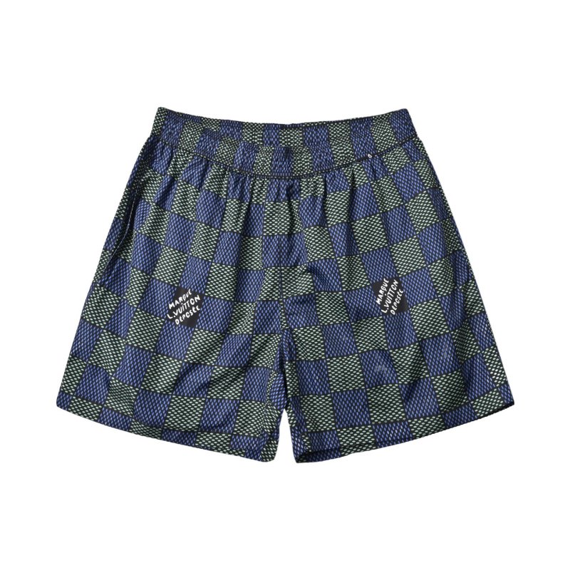 Navy Checkered Knit Shorts with Embroidered Details view