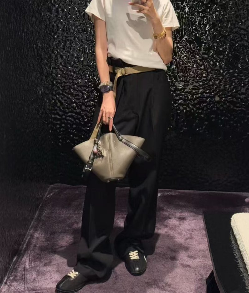 Black Wide-Leg Trousers with Cream Waistband