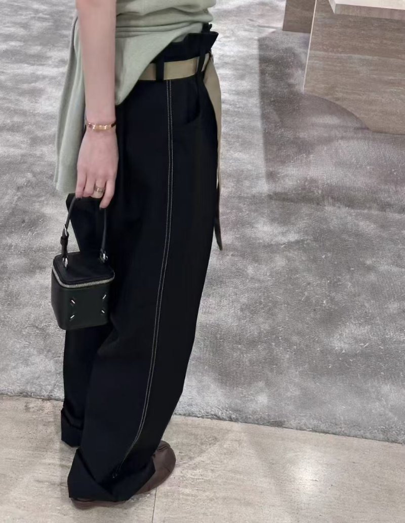 Black Wide-Leg Trousers with Cream Waistband view