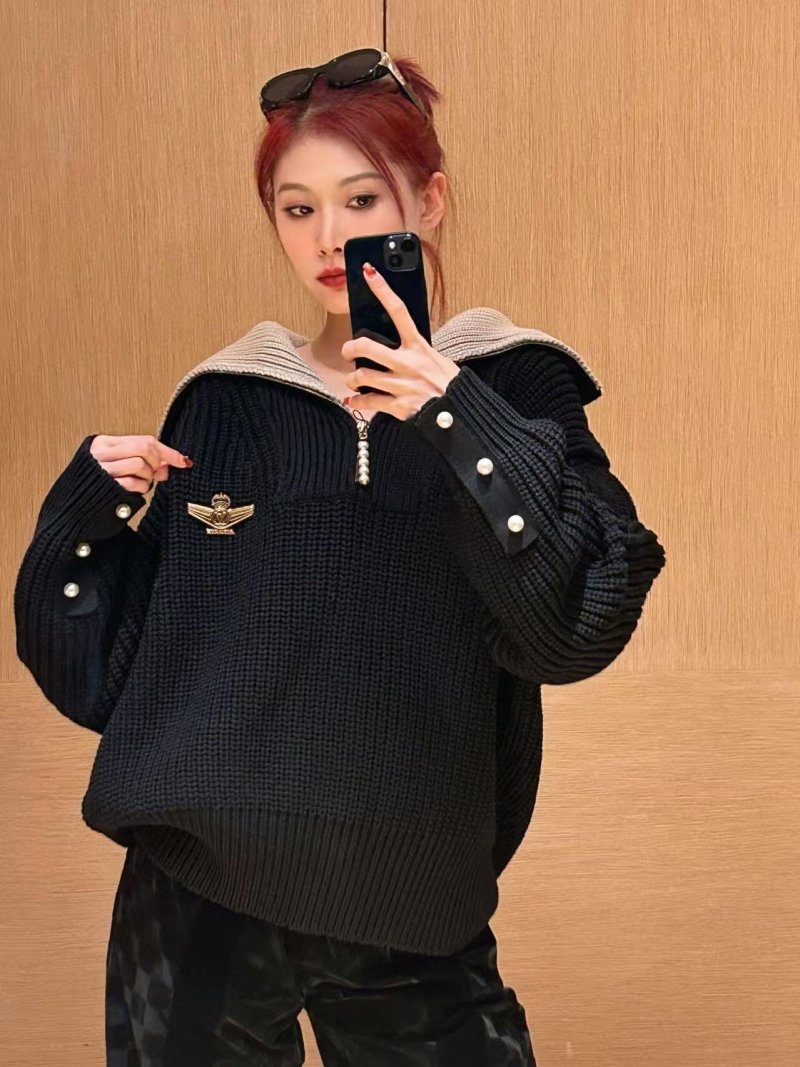 Black Ribbed Knit Sweater with Pearl Button Shoulders