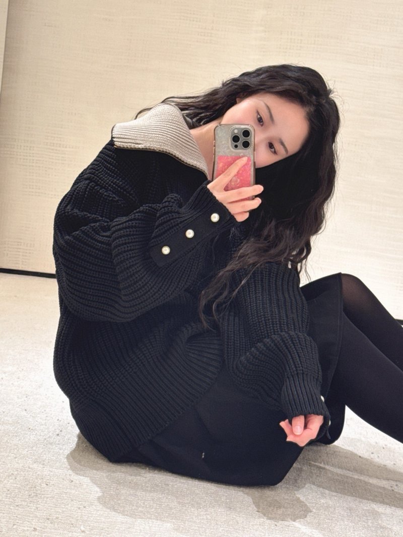 Black Ribbed Knit Sweater with Pearl Button Shoulders view