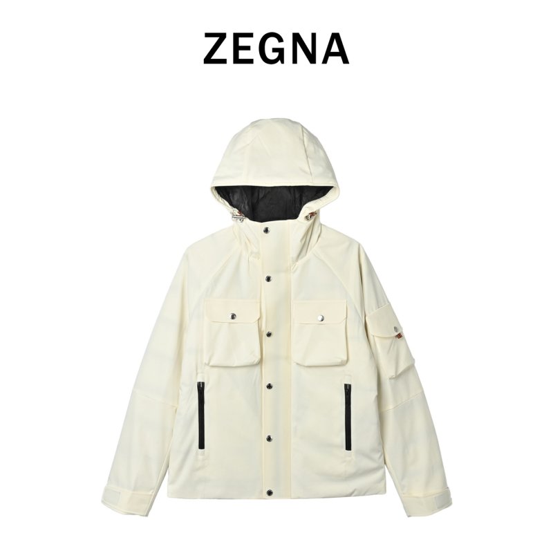 Cream Puffer Down Jacket with Red Trim view