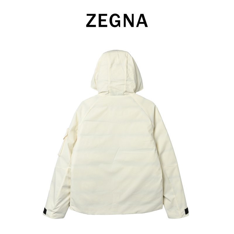 Cream Puffer Down Jacket with Red Trim view