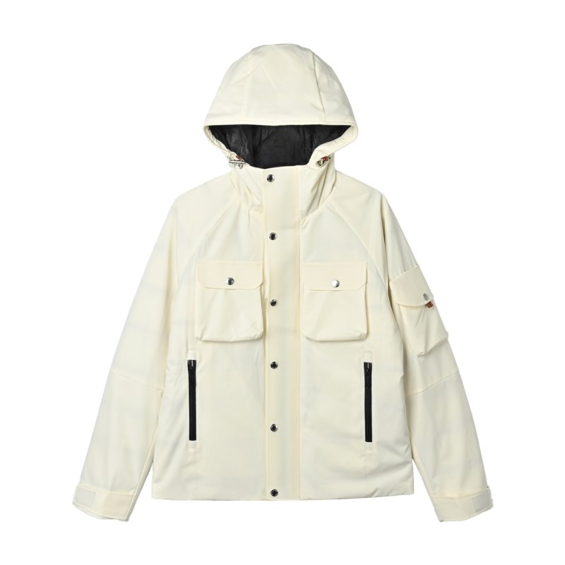 Cream Puffer Down Jacket with Red Trim view
