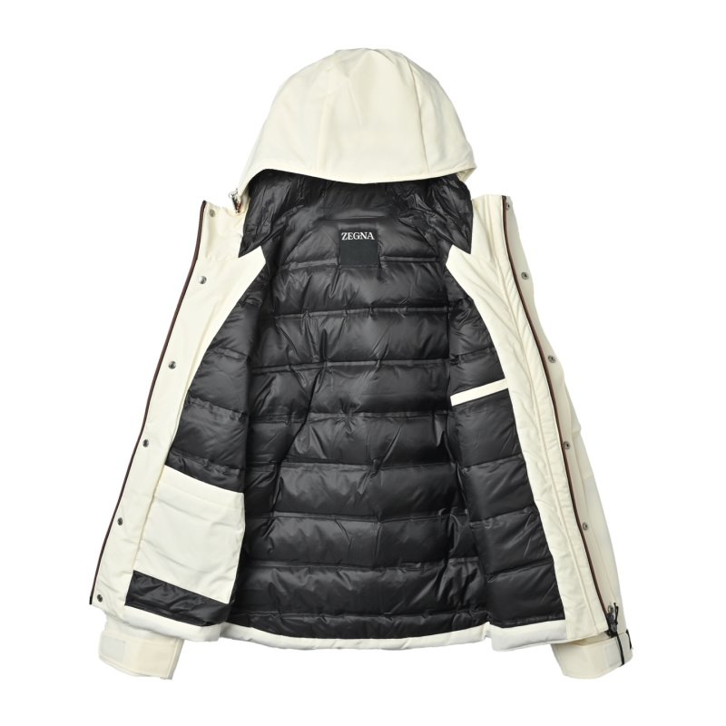 Cream Puffer Down Jacket with Red Trim view