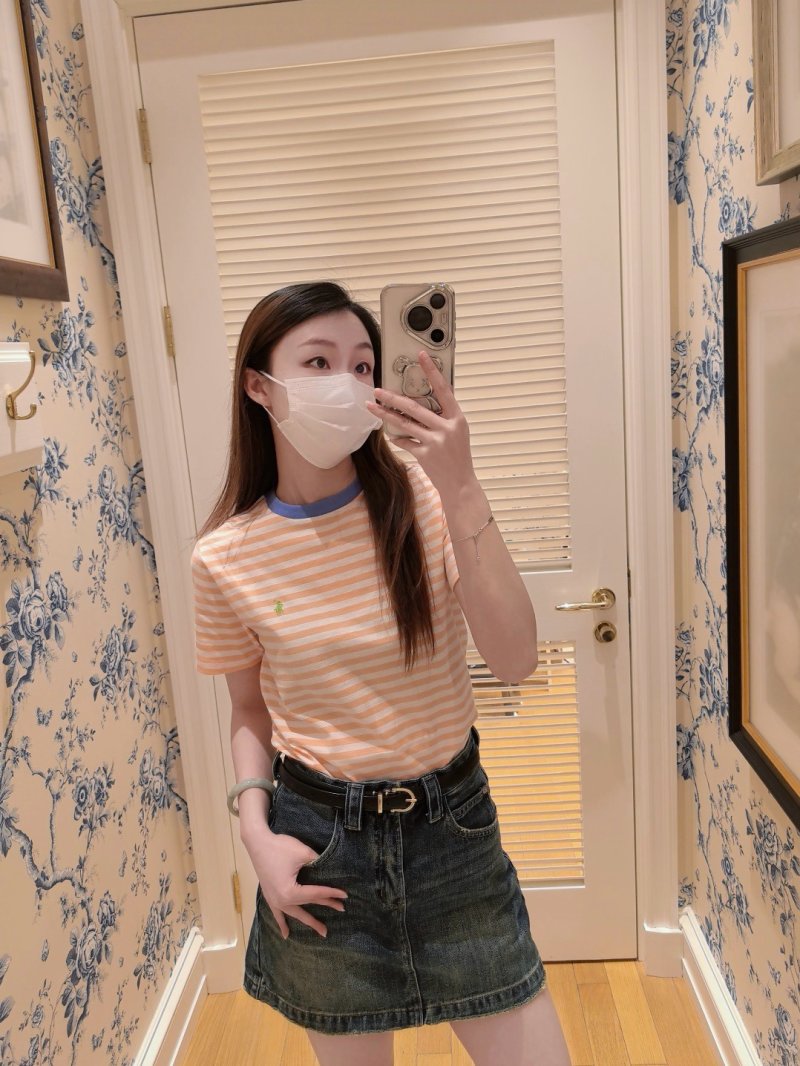 Peach & White Striped Crew Neck T-Shirt
