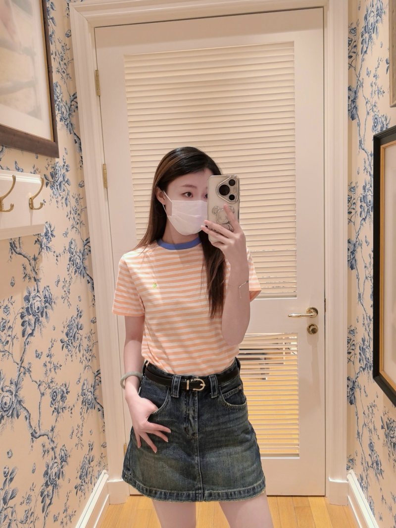Peach & White Striped Crew Neck T-Shirt view