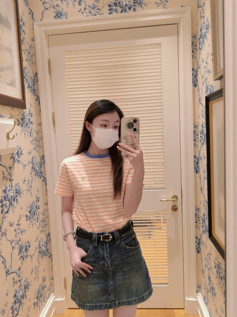 Peach & White Striped Crew Neck T-Shirt view