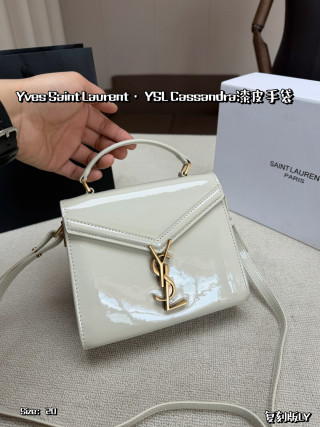 YSL Cassandra Small Patent Leather Handbag - Cream/Gold view 6
