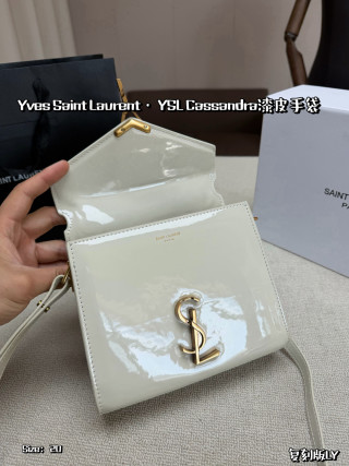 YSL Cassandra Small Patent Leather Handbag - Cream/Gold view 7