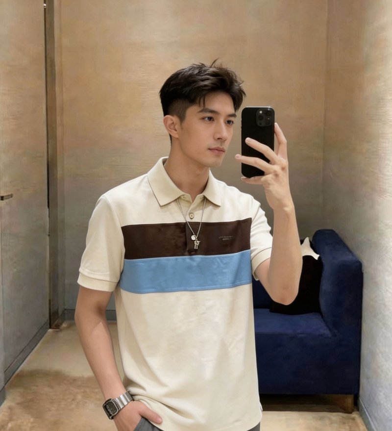 Cream Colorblock Polo Shirt with Brown & Blue Stripe view