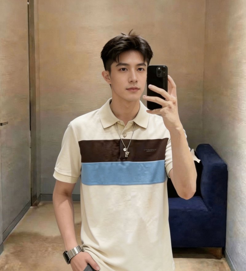 Cream Colorblock Polo Shirt with Brown & Blue Stripe view