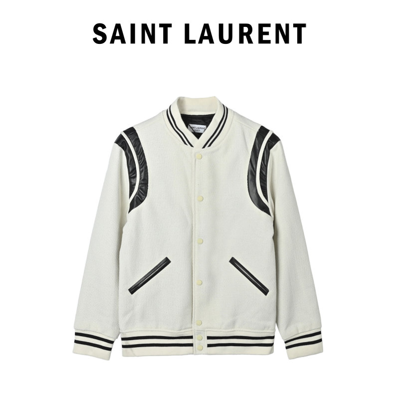 Cream Wool Blend Baseball Jacket with Striped Trim view