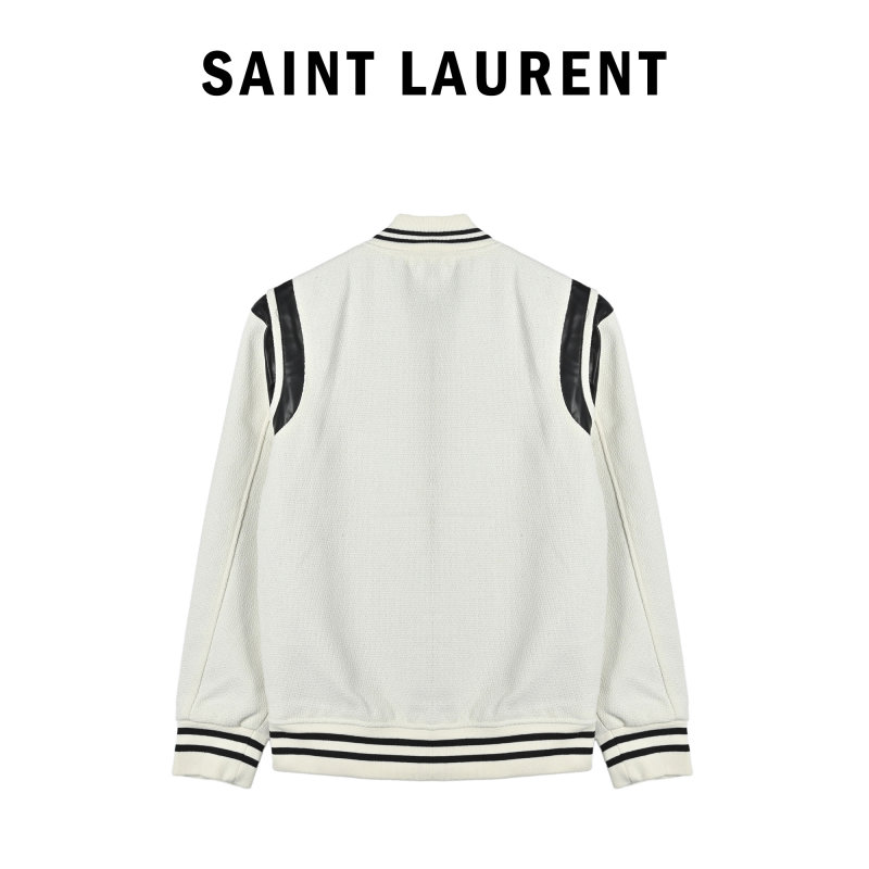 Cream Wool Blend Baseball Jacket with Striped Trim view