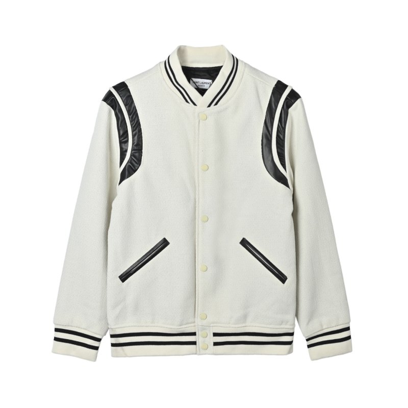 Cream Wool Blend Baseball Jacket with Striped Trim view
