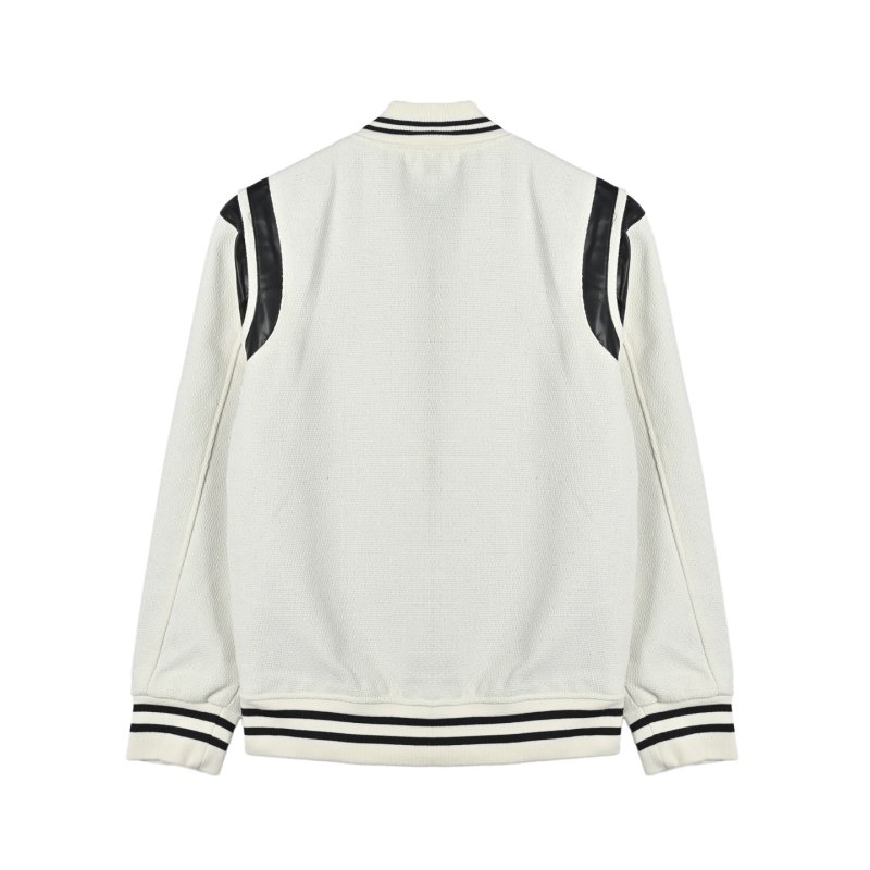 Cream Wool Blend Baseball Jacket with Striped Trim view