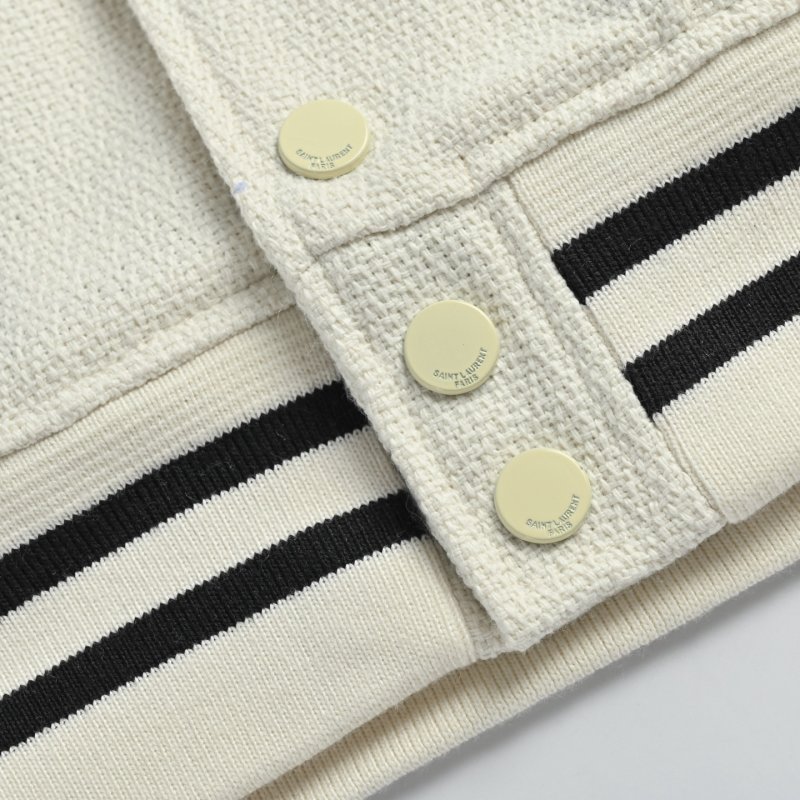Cream Wool Blend Baseball Jacket with Striped Trim view