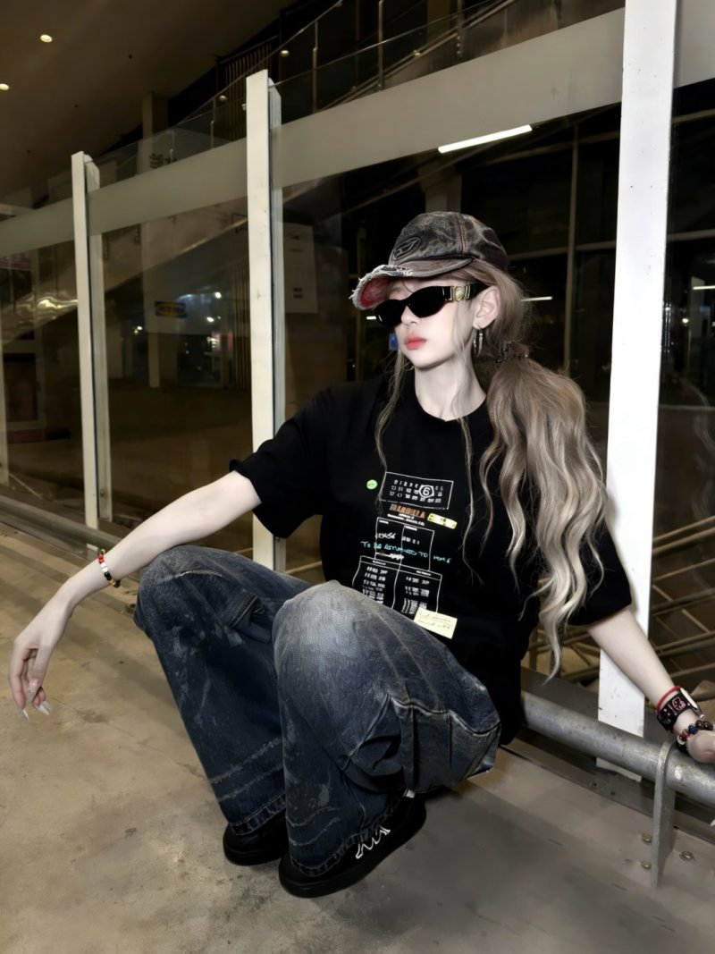 Black Graphic Print T-Shirt with Technical Design view