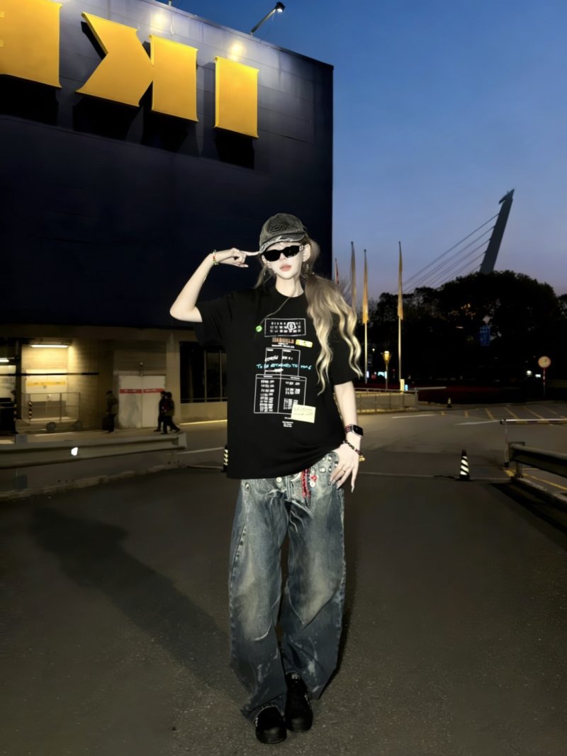 Black Graphic Print T-Shirt with Technical Design view