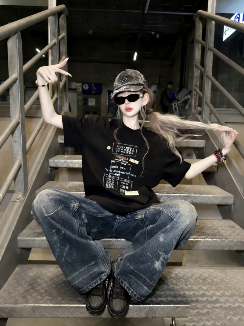 Black Graphic Print T-Shirt with Technical Design view