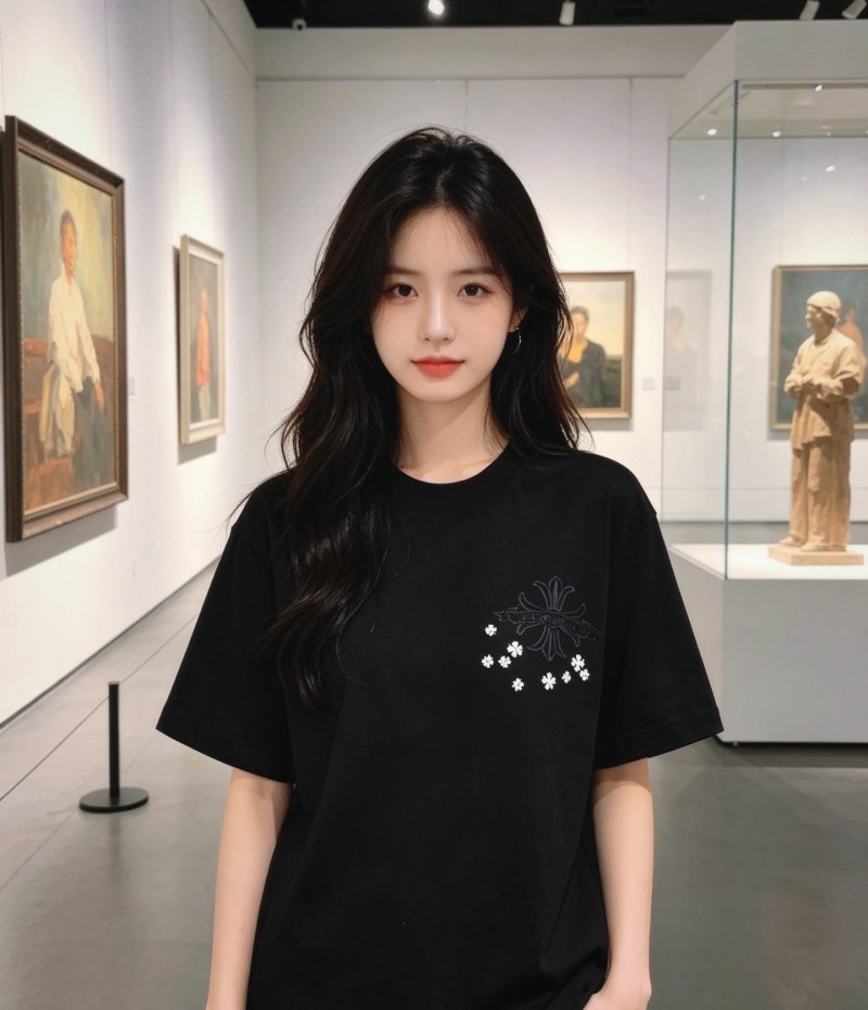 Black Short Sleeve T-Shirt with Cross & Flower Embroidery