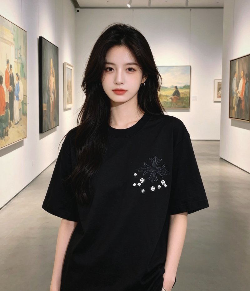 Black Short Sleeve T-Shirt with Cross & Flower Embroidery view