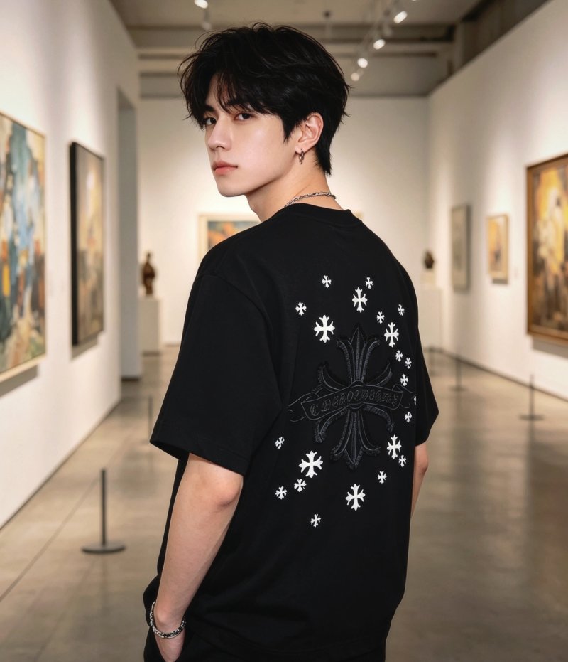Black Short Sleeve T-Shirt with Cross & Flower Embroidery view