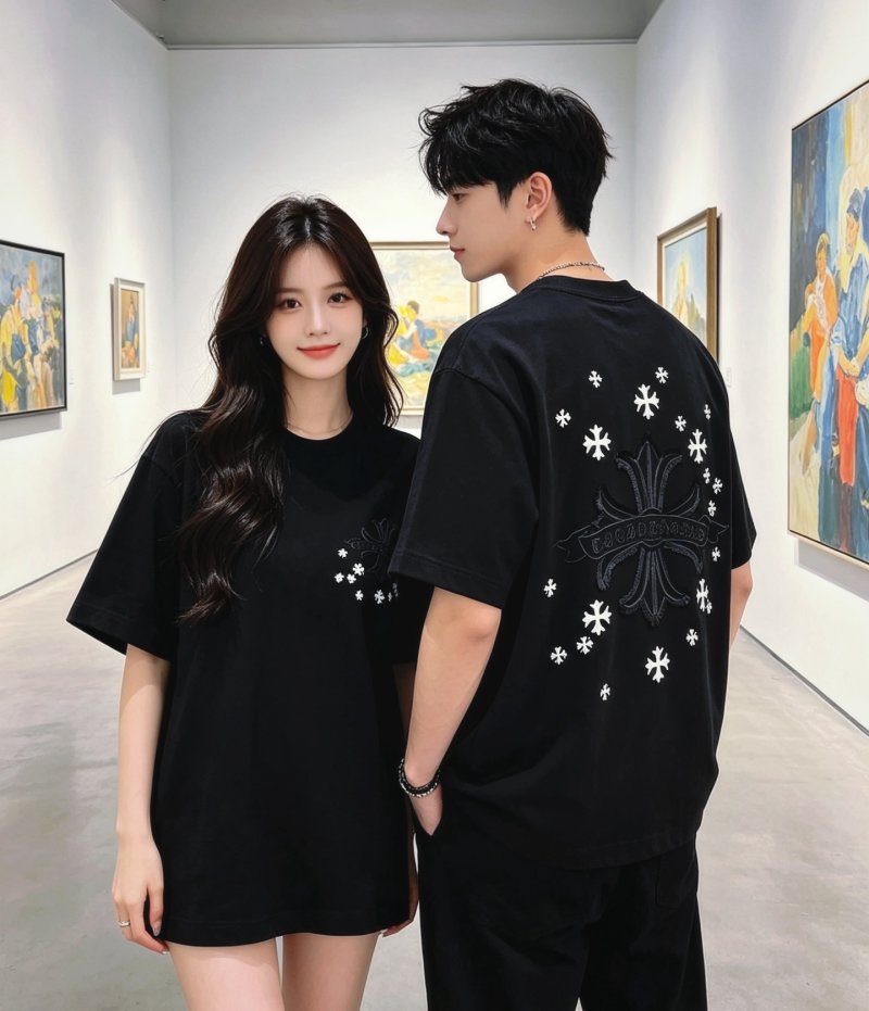 Black Short Sleeve T-Shirt with Cross & Flower Embroidery view