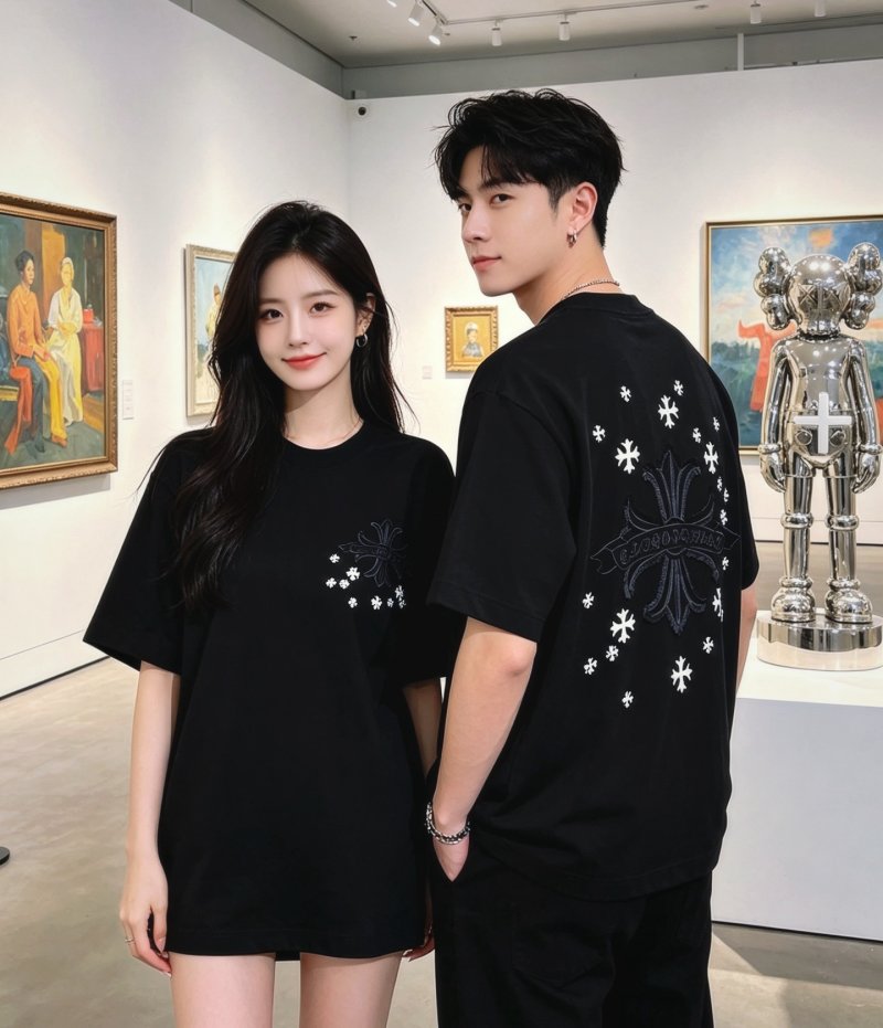 Black Short Sleeve T-Shirt with Cross & Flower Embroidery view