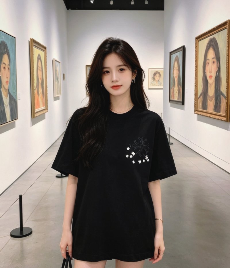 Black Short Sleeve T-Shirt with Cross & Flower Embroidery view
