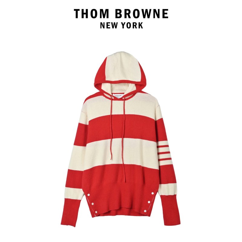 Red & Cream Stripe Knit Hoodie with Button Detail view