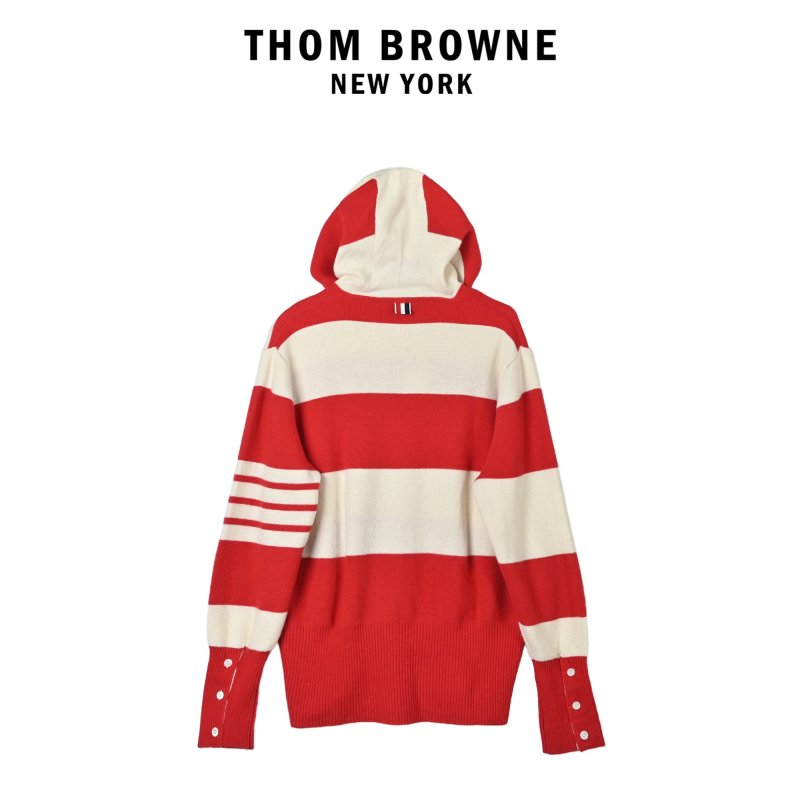 Red & Cream Stripe Knit Hoodie with Button Detail view