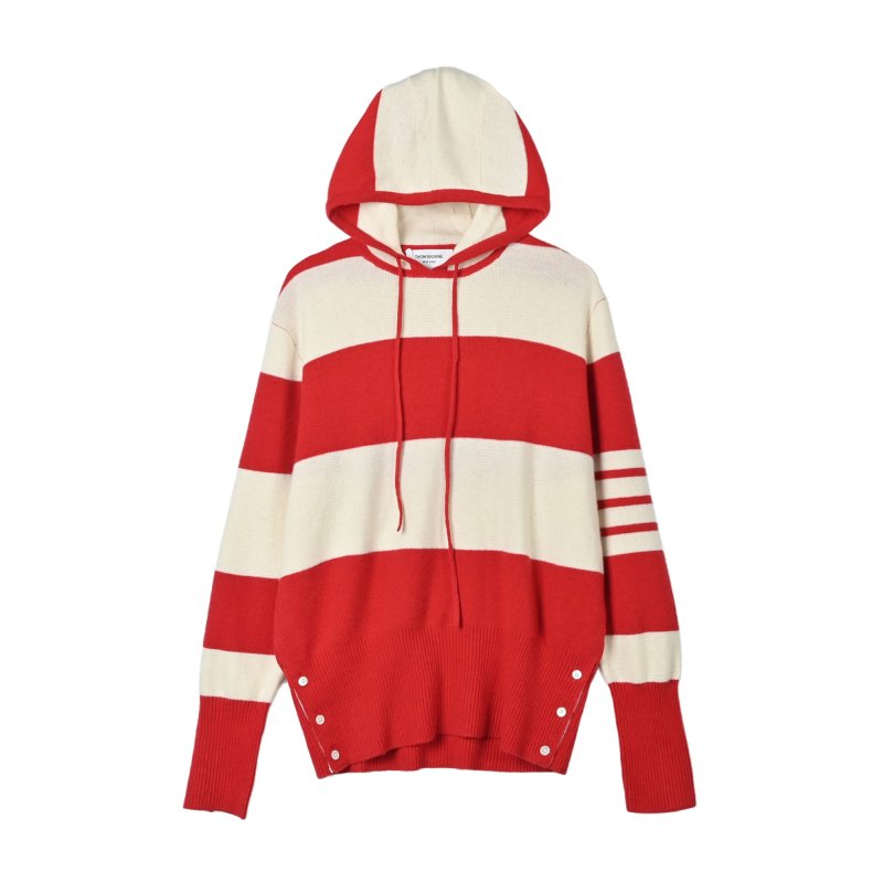 Red & Cream Stripe Knit Hoodie with Button Detail view