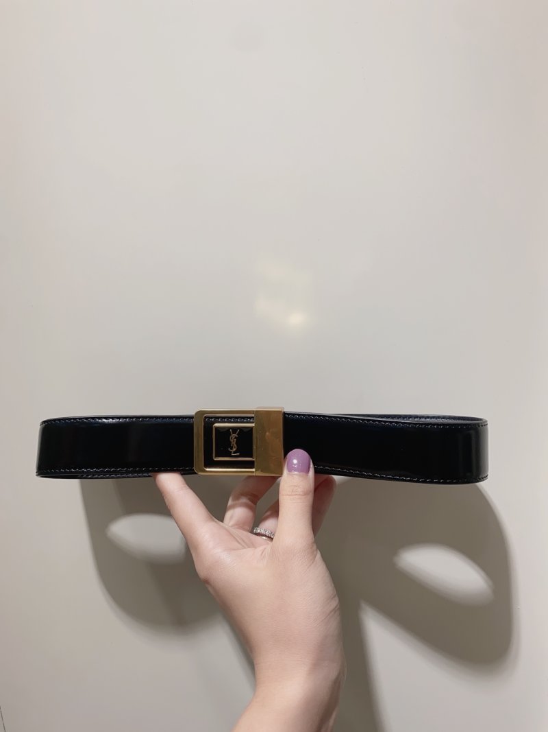 YSL Black Leather Belt with Gold Square Buckle