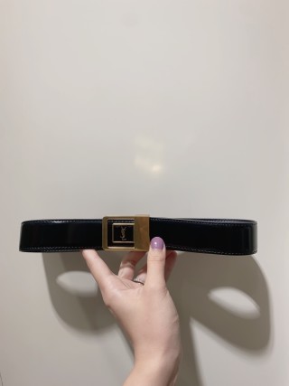 YSL Black Leather Belt with Gold Square Buckle