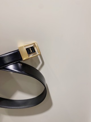 YSL Black Leather Belt with Gold Square Buckle view 2