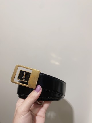 YSL Black Leather Belt with Gold Square Buckle view 4