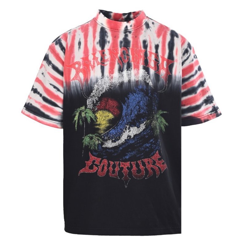 Vintage Graphic Print Black T-Shirt with Red Tie-Dye Sleeves view