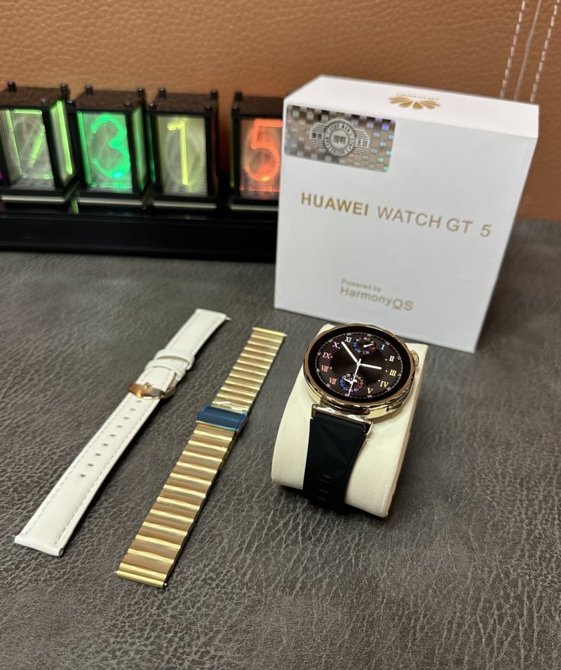 Huawei Watch GT5 Mini Gold Dial Black Leather Strap
