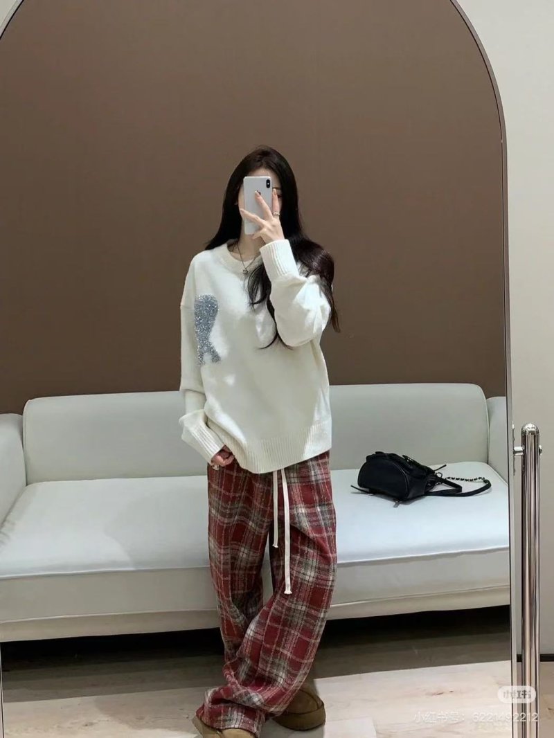 Cream Ribbed Knit Sweater with Chest Print view