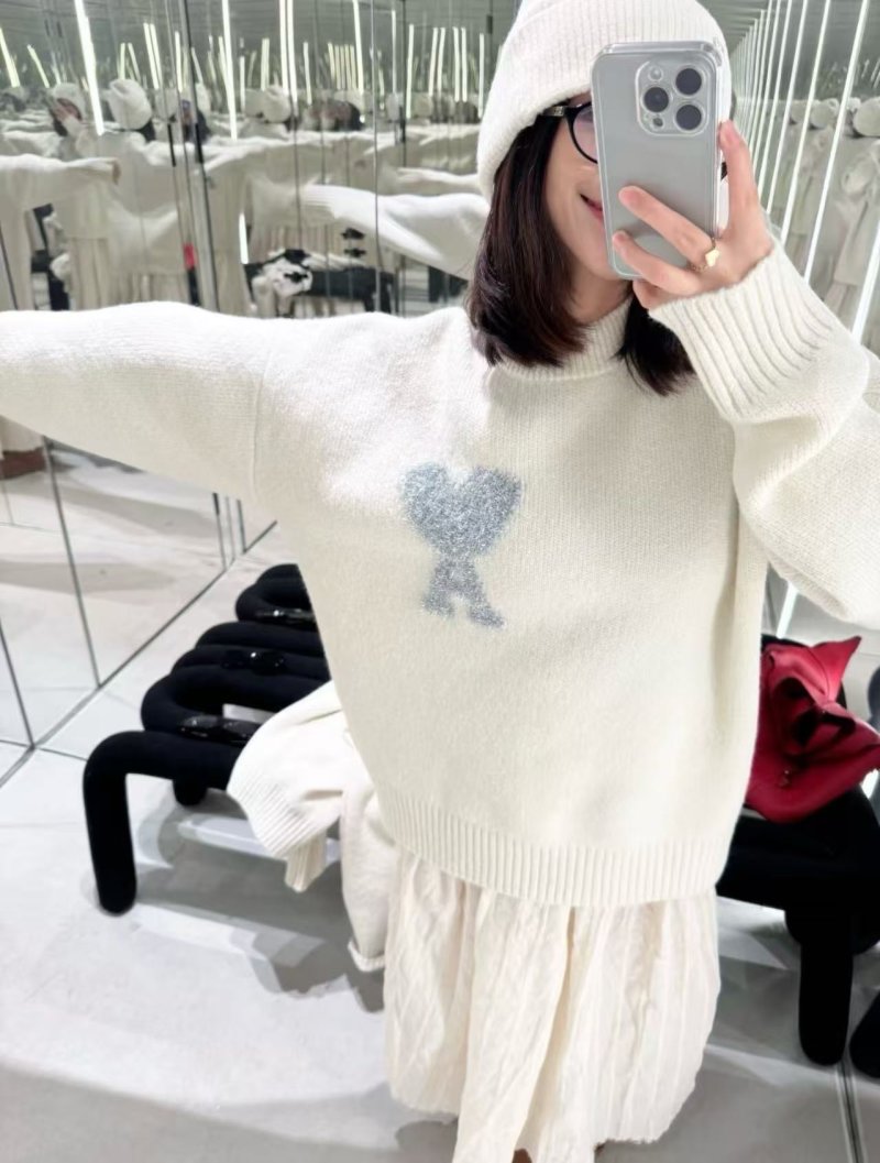 Cream Ribbed Knit Sweater with Chest Print view