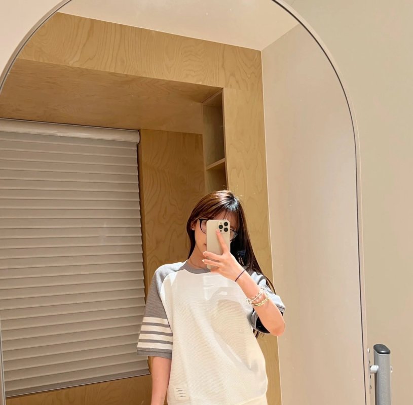 Cream Ribbed Short-Sleeve T-Shirt with Striped Sleeves view