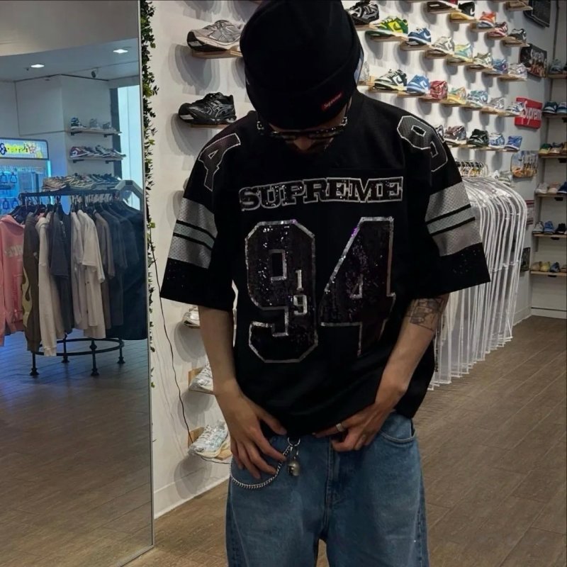 Supreme Black '94' Jersey T-Shirt with Gray Stripes