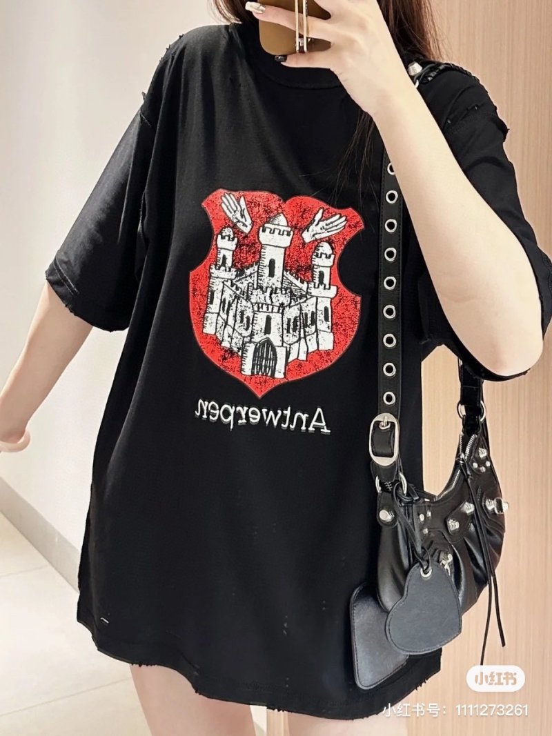Black Oversized T-Shirt with Red Castle Graphic Print view