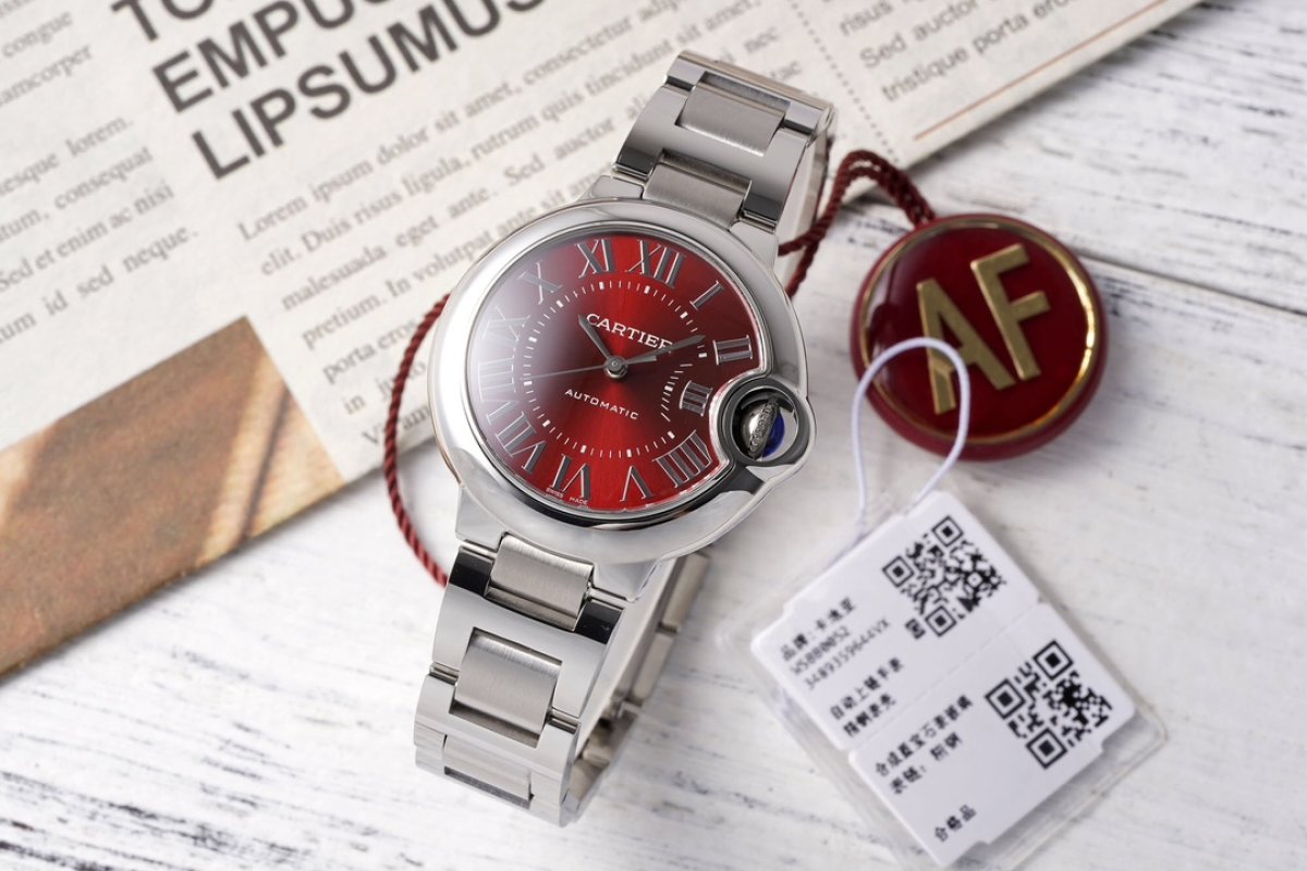 Cartier Ballon Bleu 33mm Red Dial Steel Watch
