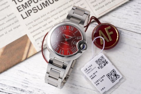 Cartier Ballon Bleu 33mm Red Dial Steel Watch