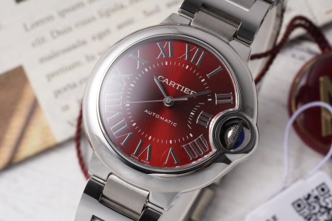 Cartier Ballon Bleu 33mm Red Dial Steel Watch view 3