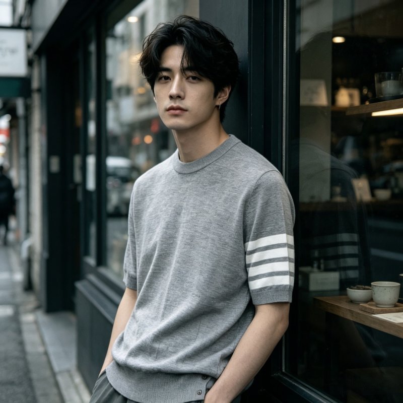 Grey Crew Neck T-Shirt with Stripe Sleeve Detail