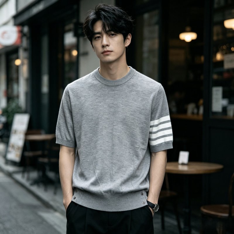 Grey Crew Neck T-Shirt with Stripe Sleeve Detail view